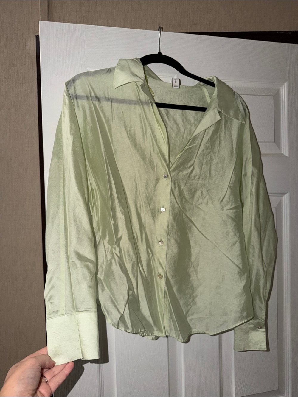 Mango Light Green Satin Button-Up Blouse